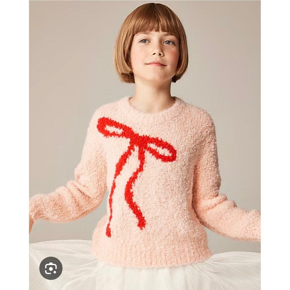 Crewcuts J.Crew Girls Pink Boucle Sweater Red Bow Graphic XL 12-13 Pullover